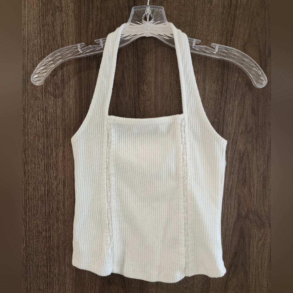 NWT American Eagle Outfitters White Ribbed Halter Tank with Lace Trim